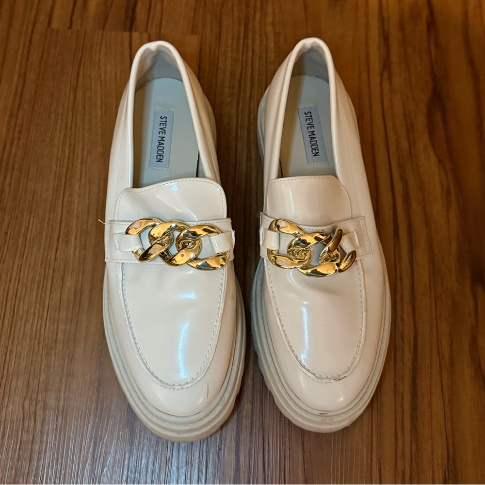 Steve Madden Cream Makira Loafers with Gold Accent
